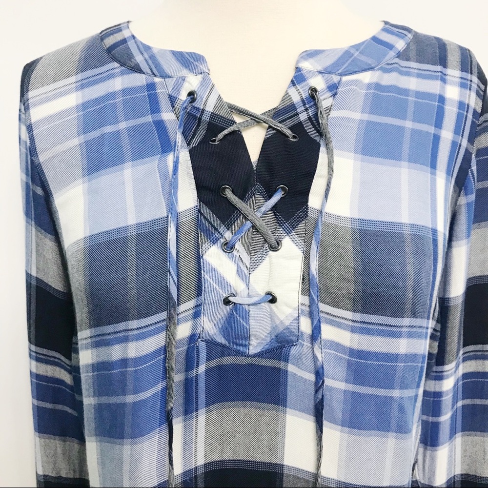 talbots | roxbury blue plaid lace-up blouse petite s - Picture 3 of 8